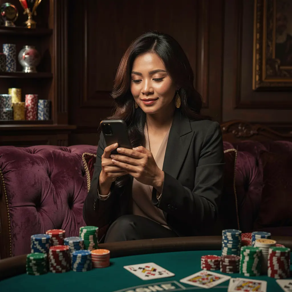 Stylish Indonesian woman relaxing on a sofa while using the REJEKIASIA casino app surrounded by glowing chips and cards