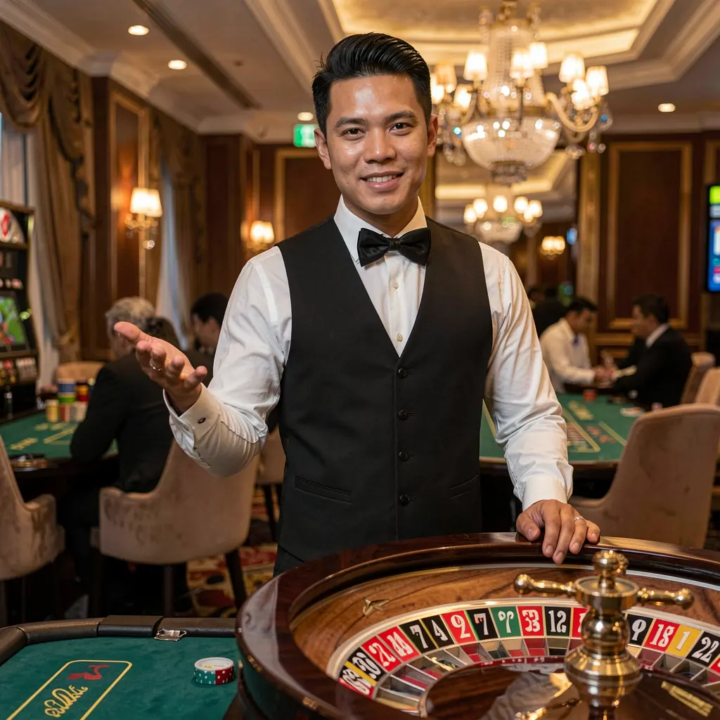 Elegant live roulette dealer from Indonesia in a formal vest and bow tie presenting the wheel in a luxury casino setting on REJEKIASIA