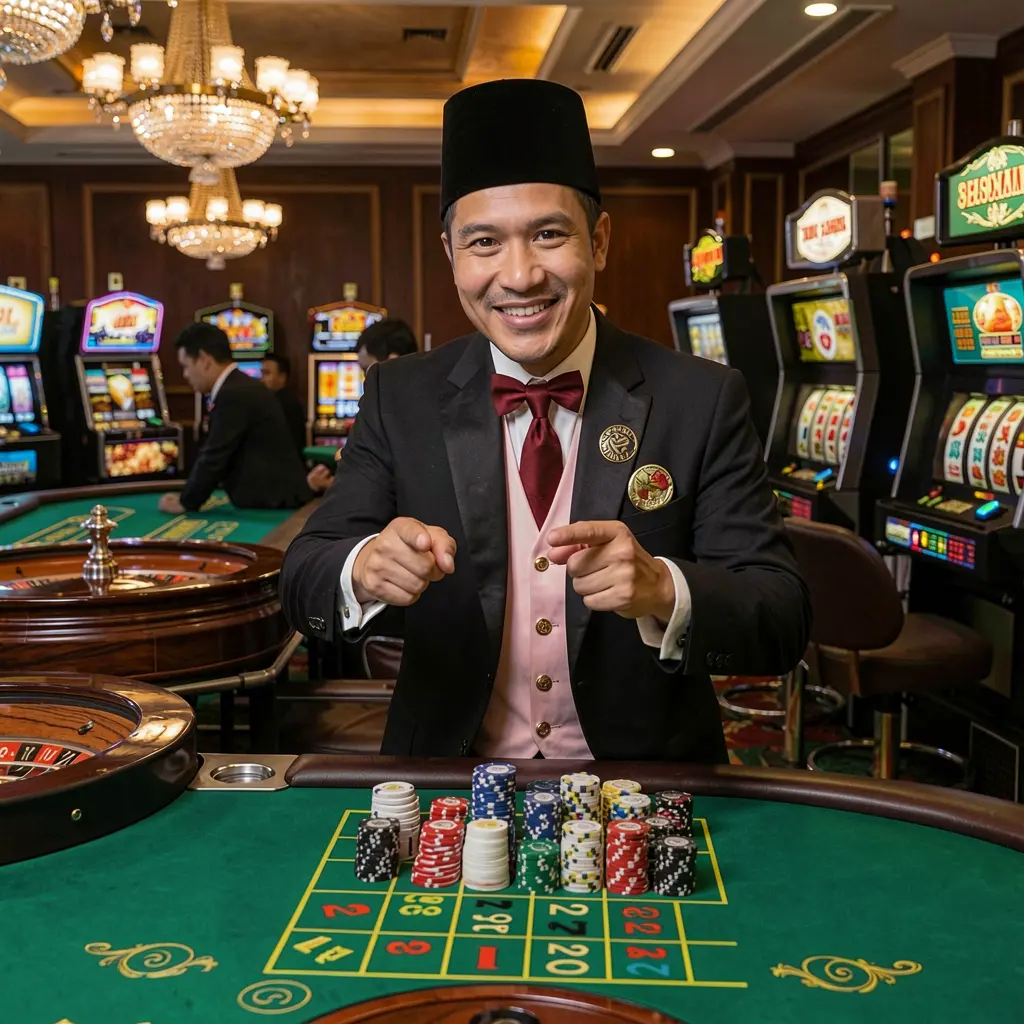 Confident Indonesian casino dealer welcoming players with a forward gesture in a lively gaming environment showcasing slot machines and roulette at REJEKIASIA