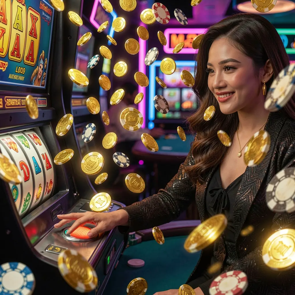 A confident Indonesian woman playing a modern slot machine surrounded by glowing casino lights and falling coins at REJEKIASIA online casino